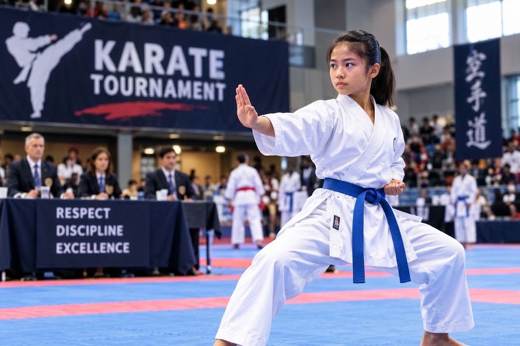 Shotokan Karate Queens NY student performing kata at a karate tournament