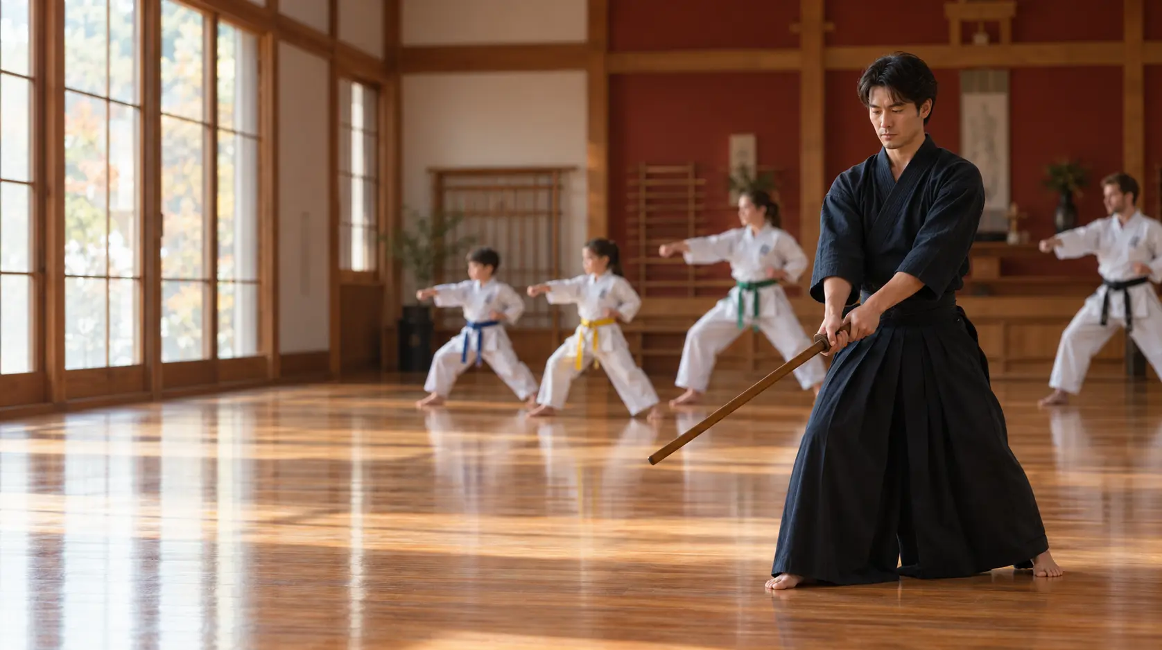 Students practicing Shotokan Karate and Iaido at a martial arts school in Rego Park